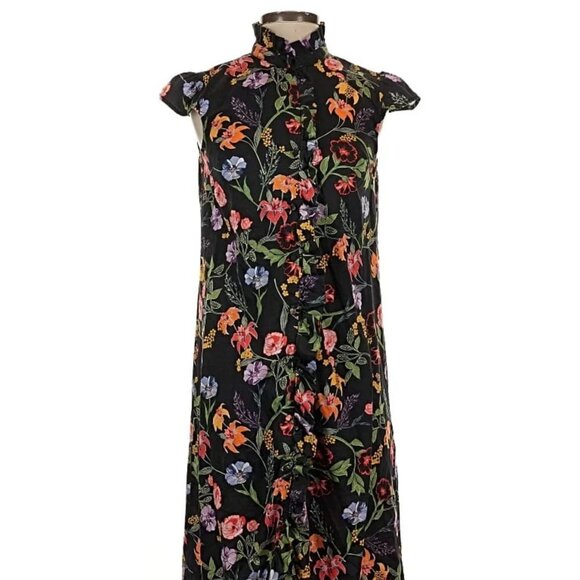 Black Floral Print Dress Cap Sleeve and Ruffled Hem. - Picture 11 of 12